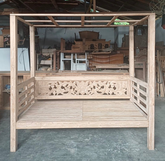 Mas Canopy Recycled Teak Daybed King Single carved panel Creamwash
