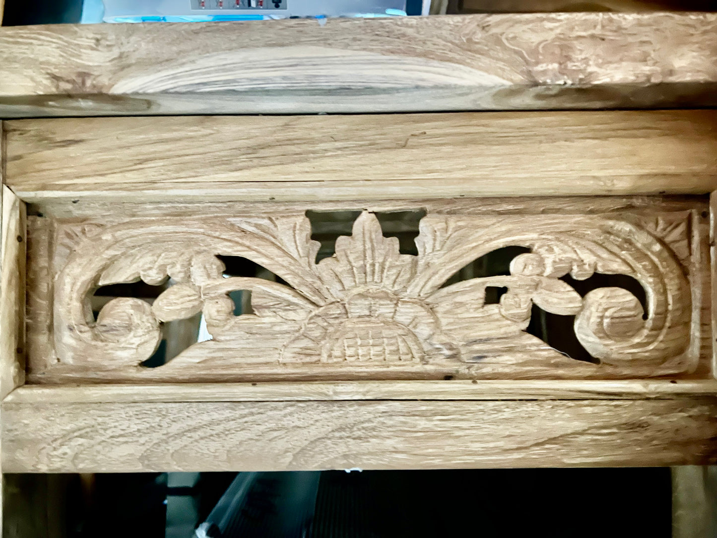 Mas Recycled Teak carved side panels coffee table 115x70x45cmht