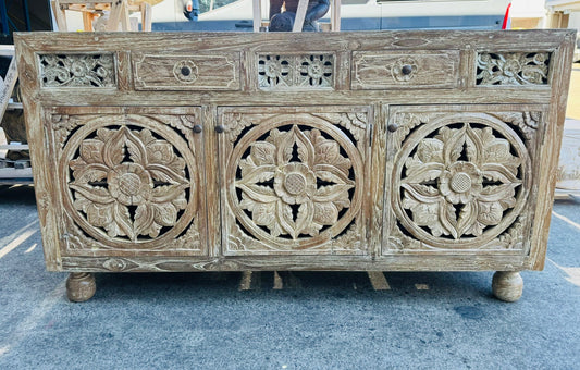 Mas Recycled 150cmx45x83cmht Teakwood  hand carved Sideboard/cabinet creamwash