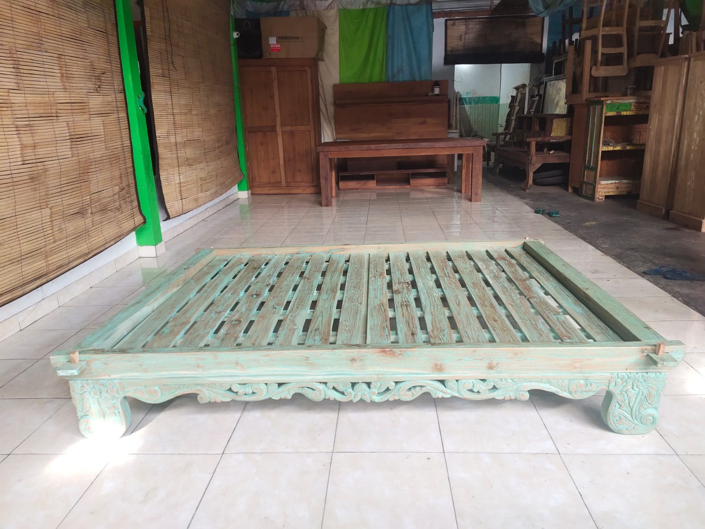 Mas Kartini Queen Handcarved  Recycled Teak Bed base / Daybed platform   (cream wash)