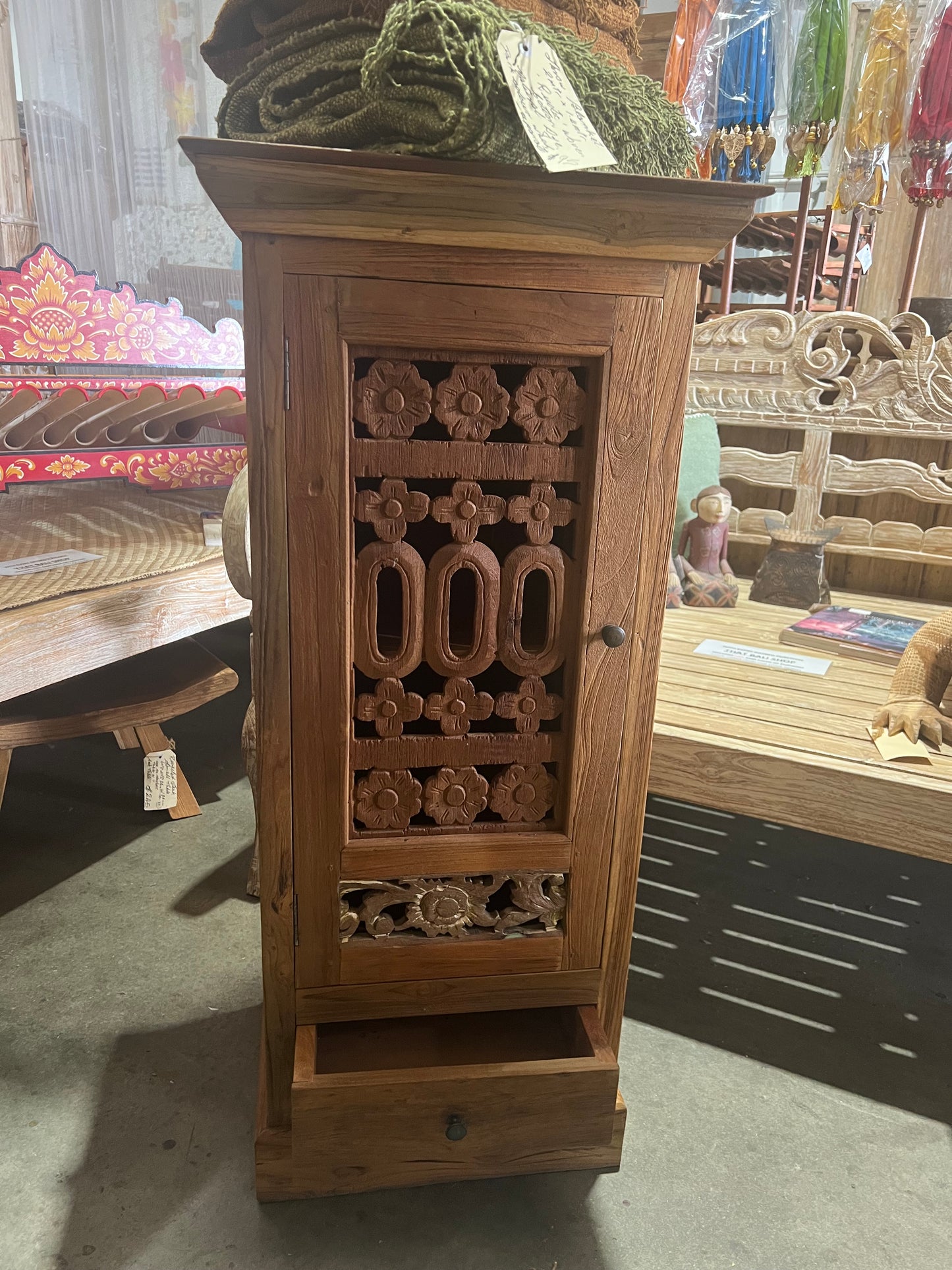 Mas Recycled  Teakwood 105cmh x48cmw x 37cmd hand carved narrow cabinet