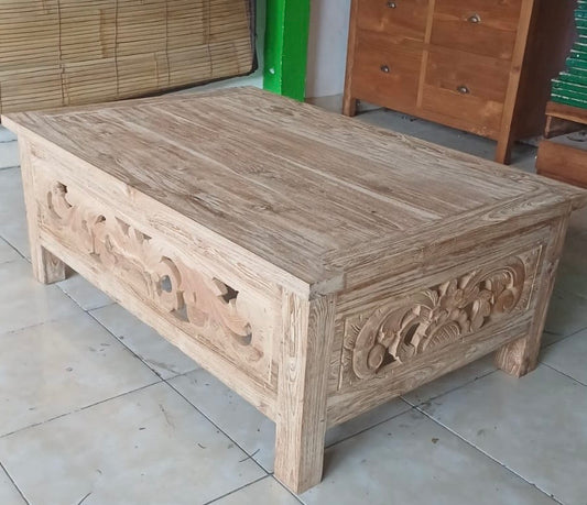 Teak Carved coffee Table  cream wash 4 side carving