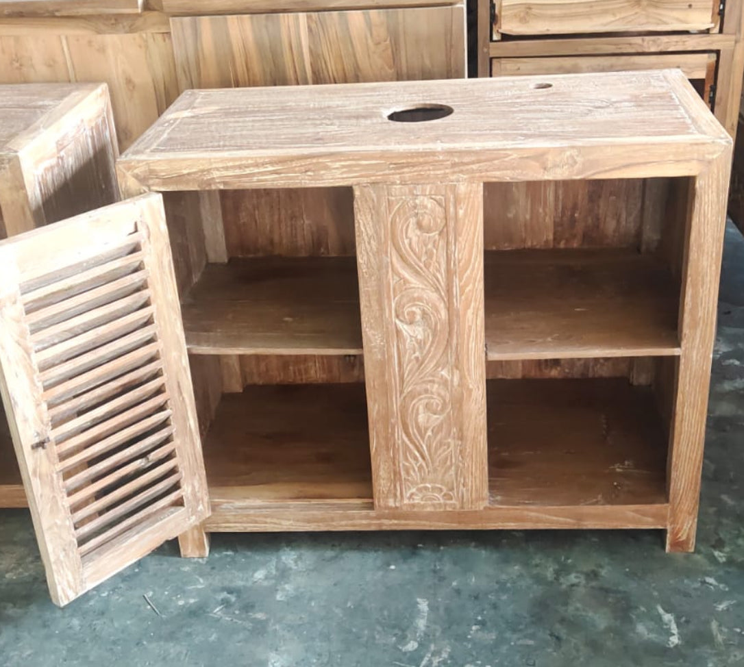 Recycled Teak Creamwash Vanity Cabinet 80cm wide with carved panel 1 door. shelving