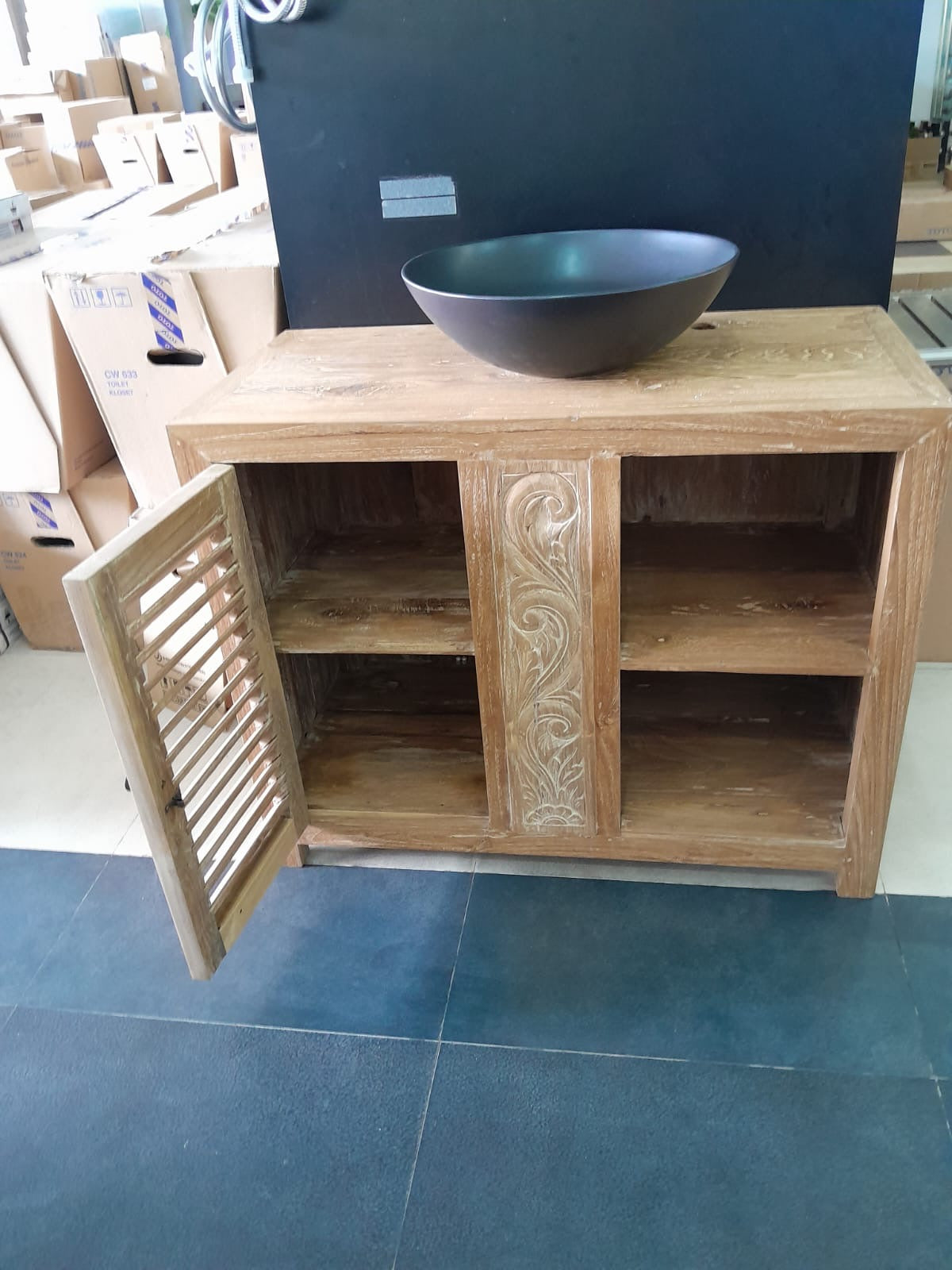 Mas Recycled Teak Creamwash Vanity Cabinet 80cm wide with carved panel 1 door. shelving