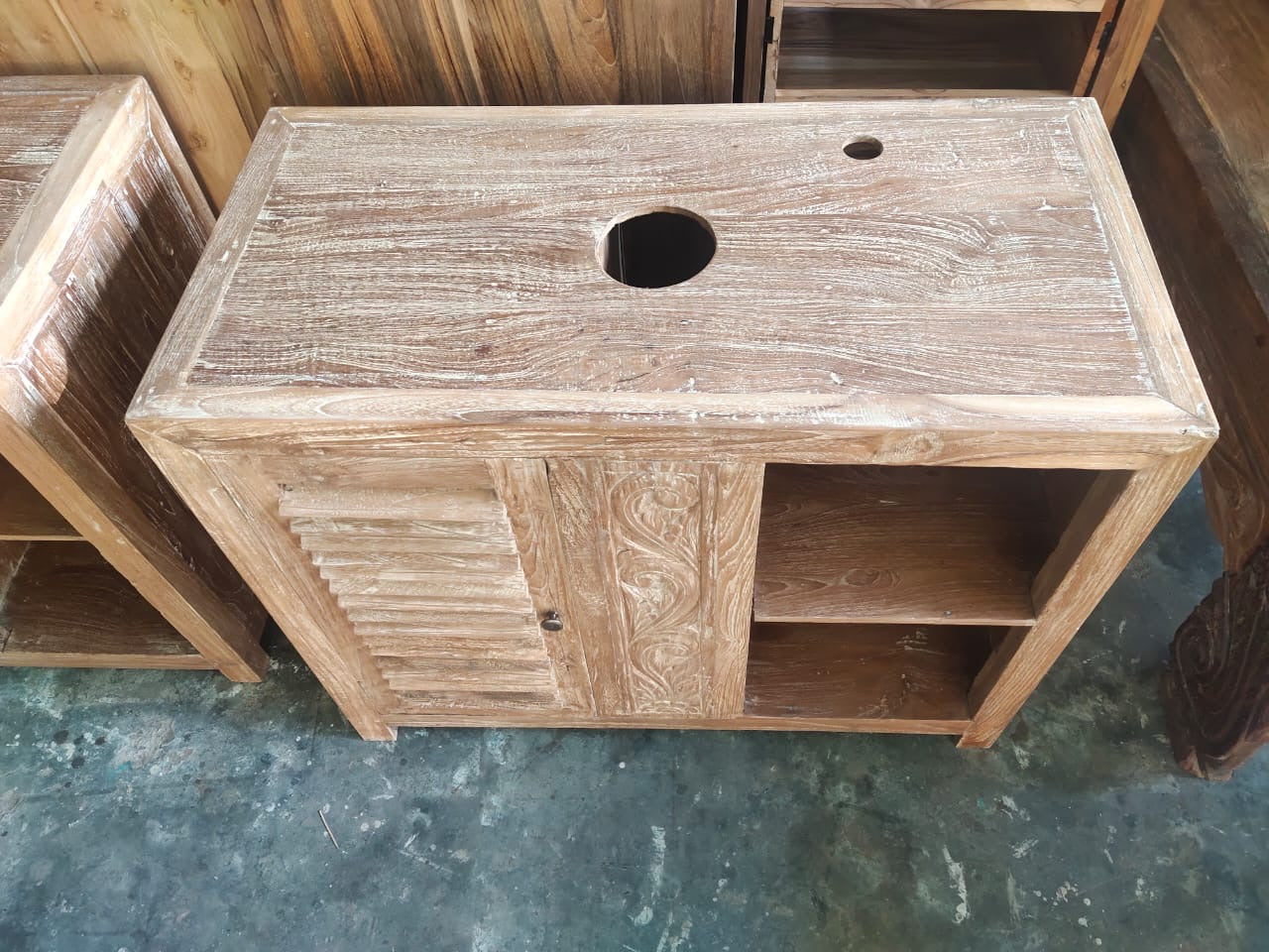 Recycled Teak Creamwash Vanity Cabinet 80cm wide with carved panel 1 door. shelving