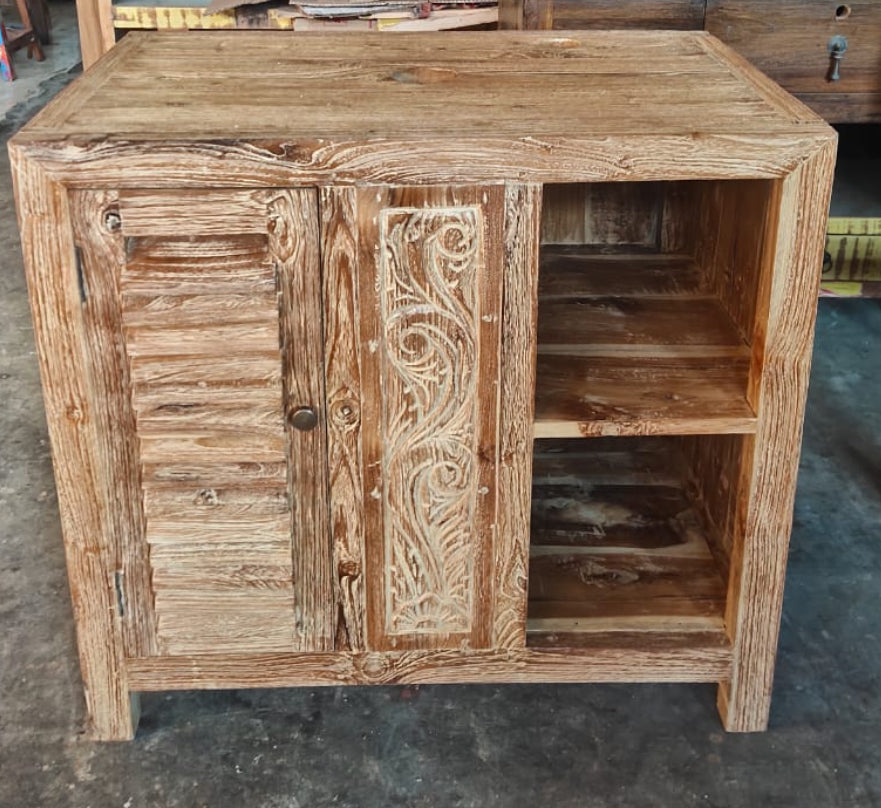 Mas Recycled Teak Creamwash Vanity Cabinet 80cm wide with carved panel 1 door. shelving