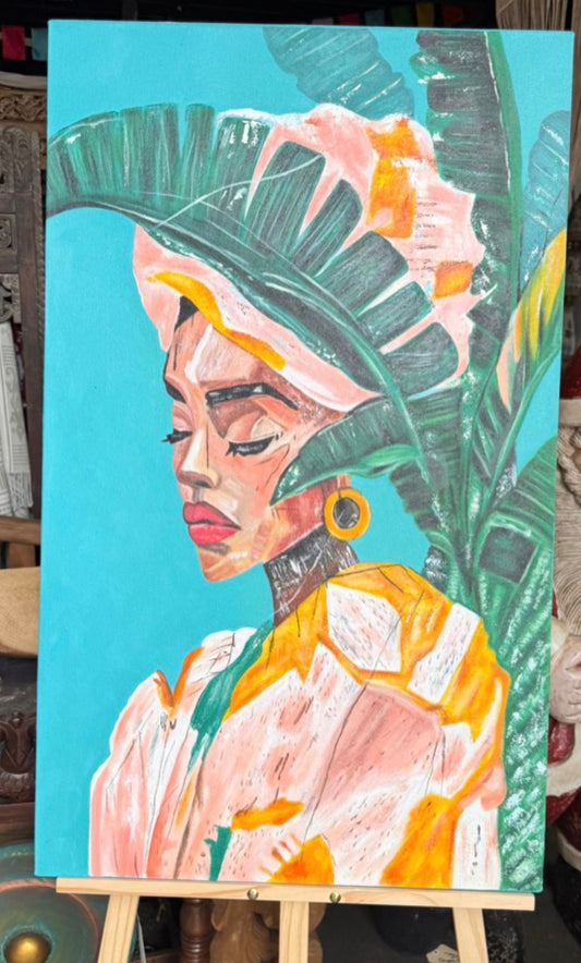 Painting Canvas Oil original Abstact Lady with Leaf 100cmx60cm wide
