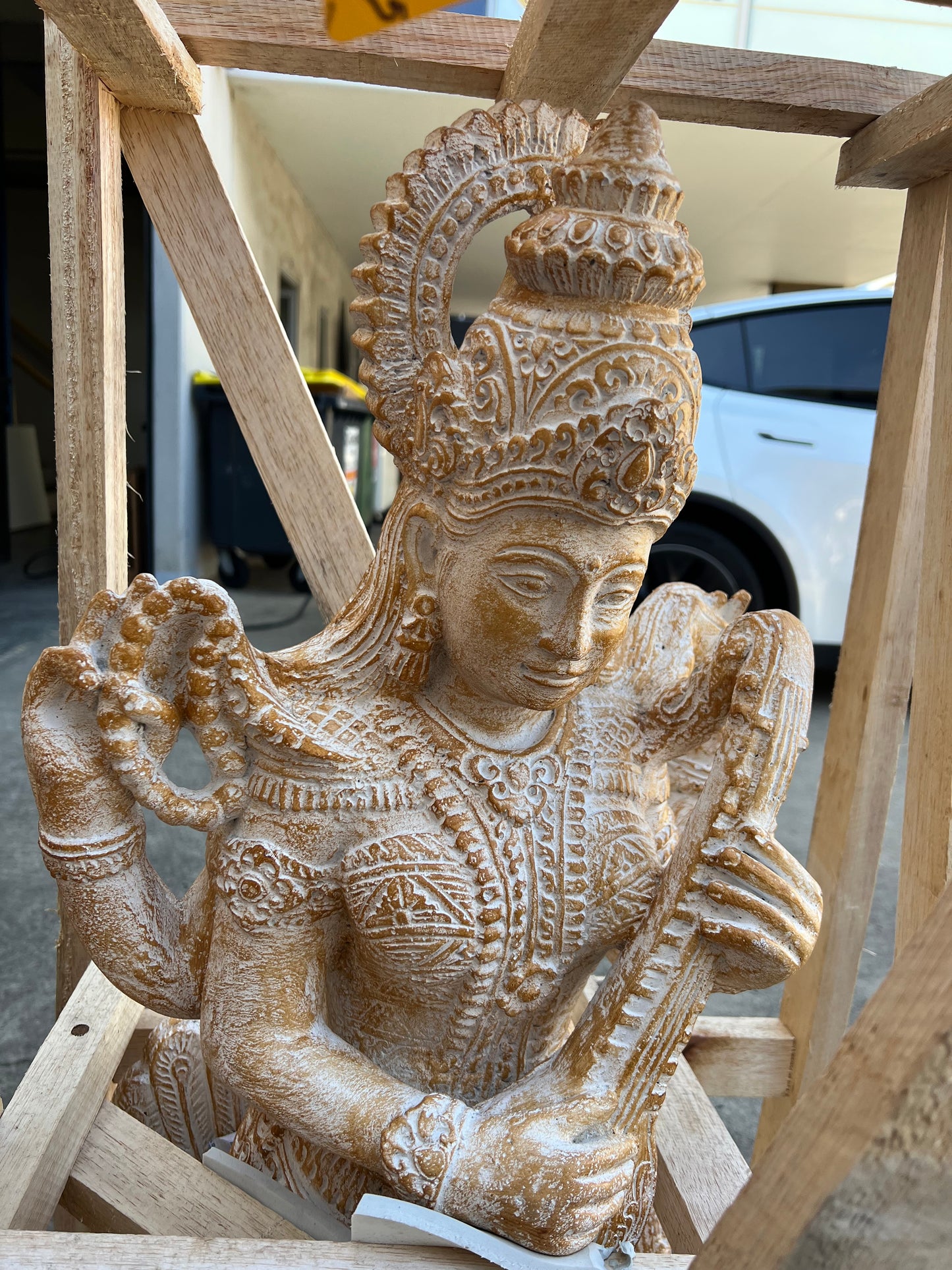 Saraswati  carved statue 1 mtr GRC painted finish Creamwash