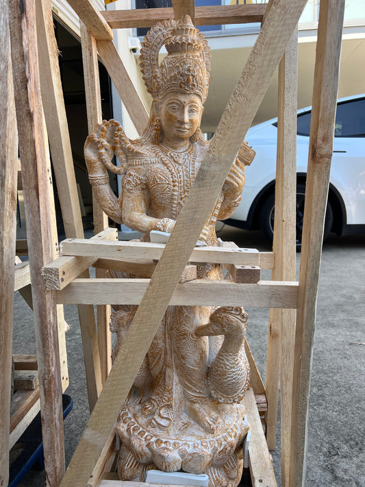 Saraswati  carved statue 1 mtr GRC painted finish Creamwash