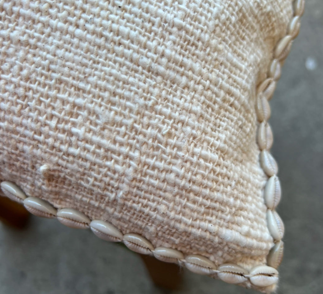 Cushion cover with hand sewn natural shells open weave Natural Cotton lined with Calico