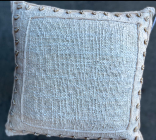 Cushion cover with hand sewn natural shells and stitching open weave Natural Cotton lined  cotton calico