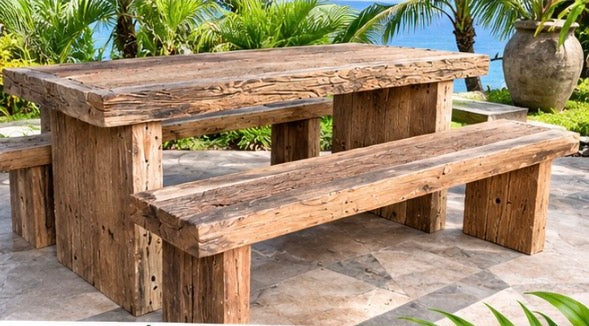 Mas recycled Java Railway Sleeper wood Dining Table set  includes 2 benches 180cm  length