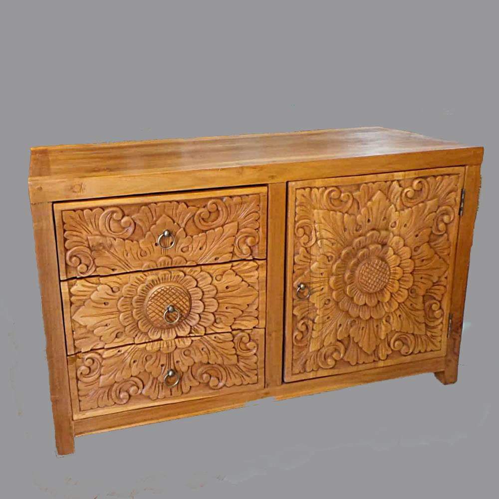 Mas Recycled 1 mtr Teakwood  hand carved Sideboard/cabinet with 3 drawers 1 door Natural