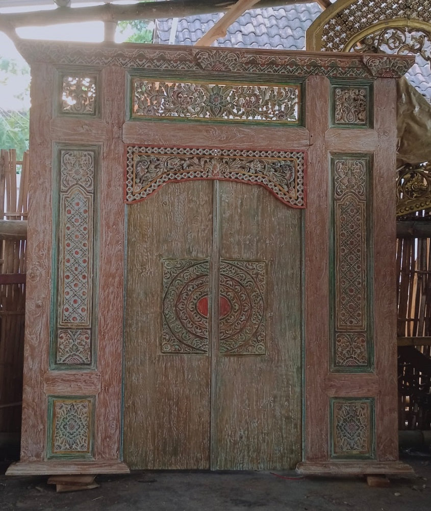 Teak Original restored Javanese Door carved with paint highlights 260cm x 230cm