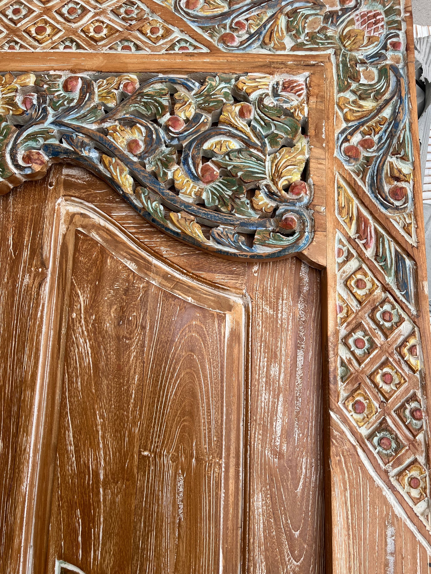 Balinese Teakwood Natural wash finish Door with hand Carved coloured panels