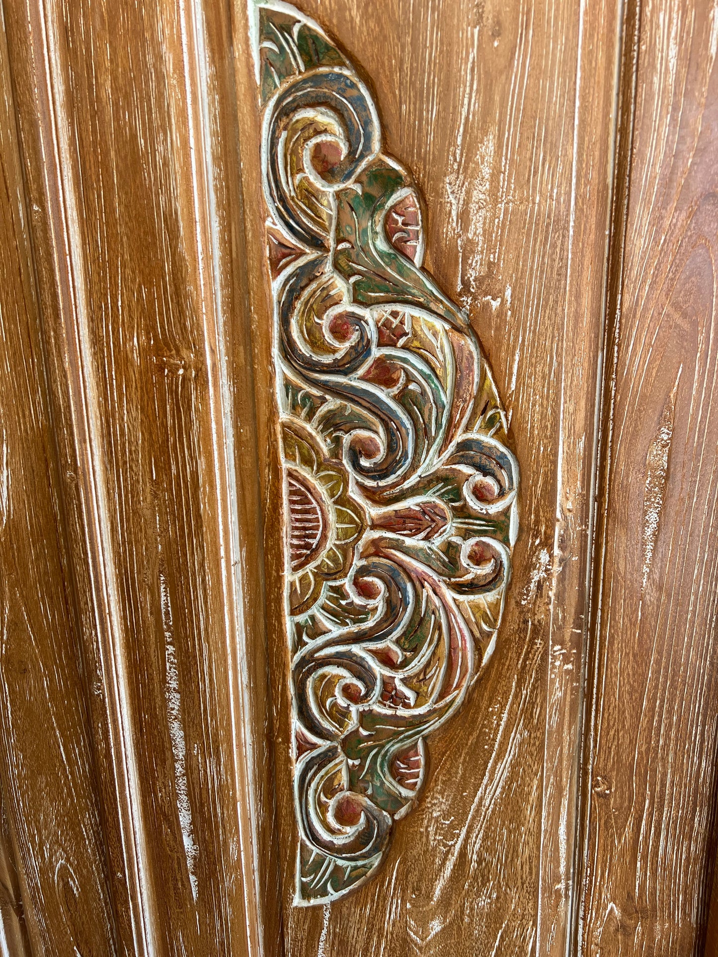 Balinese Teakwood Natural wash finish Door with hand Carved coloured panels