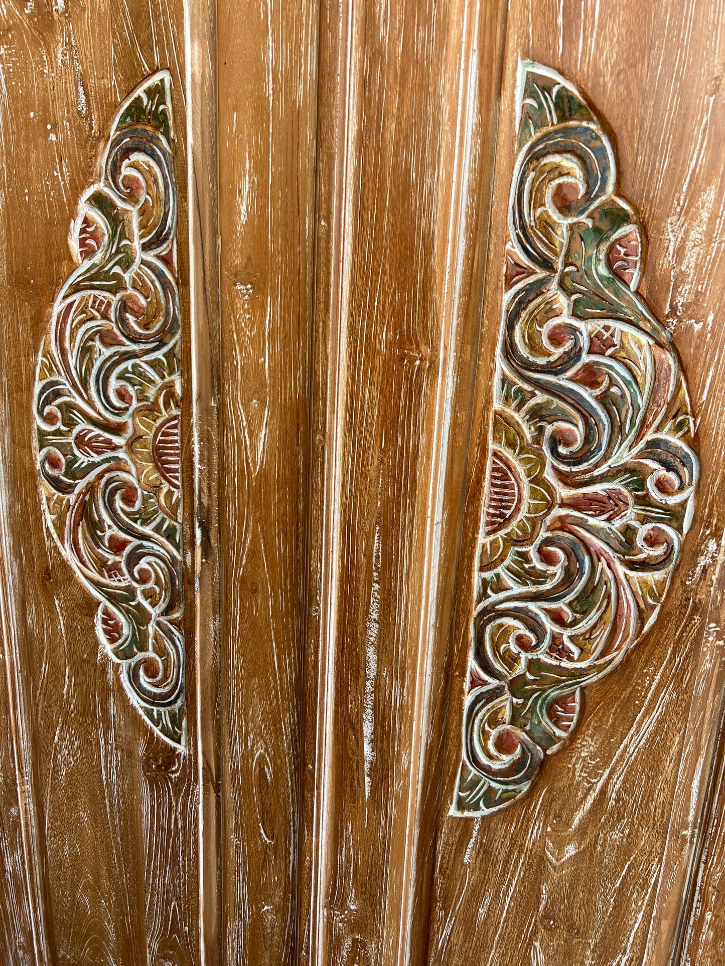 Balinese Teakwood Natural wash finish Door with hand Carved coloured panels