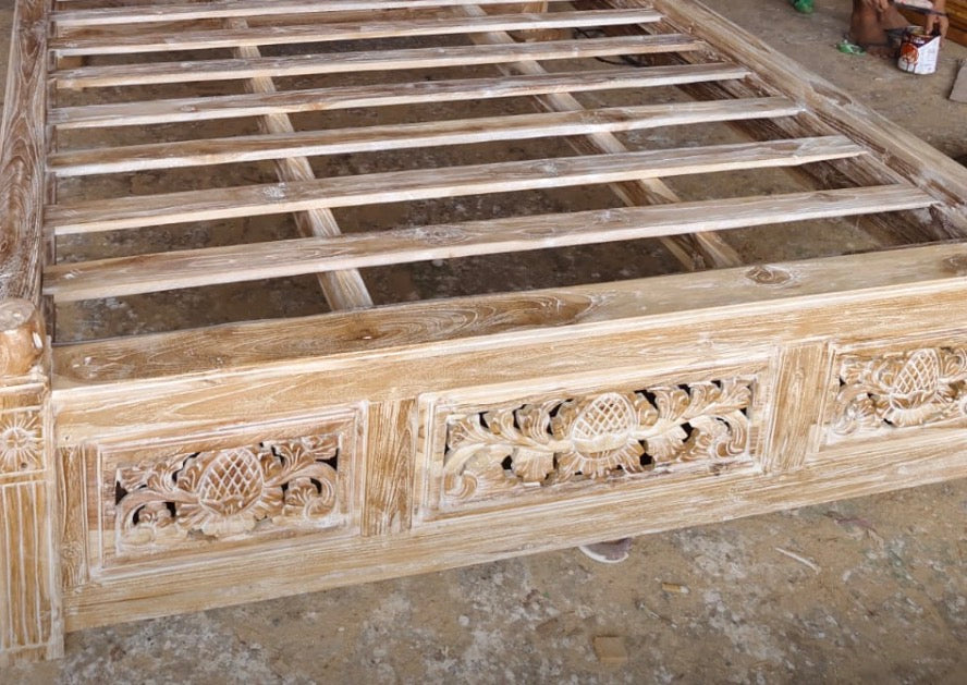 Toyo Queen Teak Bed with Hand Carved Bedhead and  Bedend Panel Creamwash