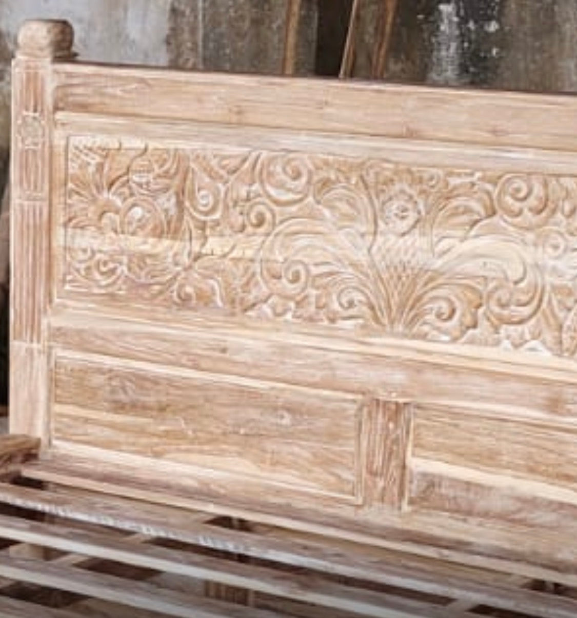 Toyo Queen Teak Bed with Hand Carved Bedhead and  Bedend Panel Creamwash