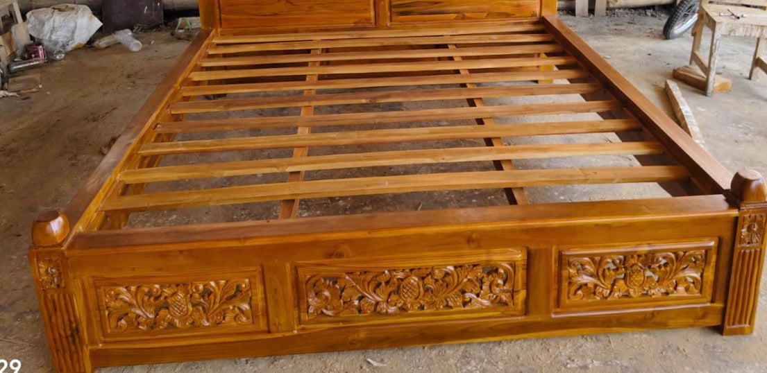 Toyo King Teak Bed with Hand Carved Bedhead and  Bedend Panel  Natural finish