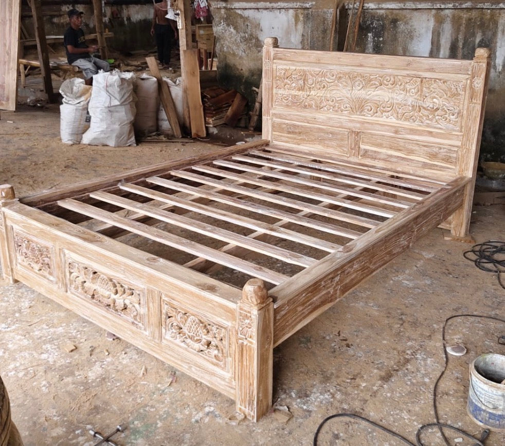 Toyo Queen Teak Bed with Hand Carved Bedhead and  Bedend Panel Creamwash