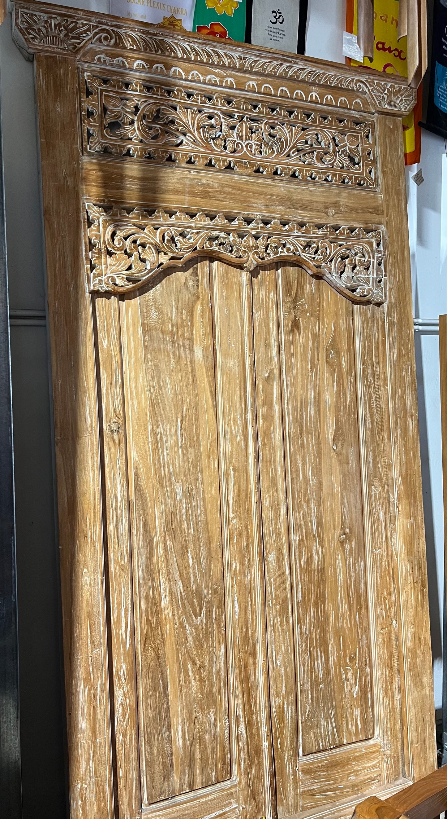 Teak Balinese Temple Door Hand carved Detail Natural wash finish 255cm ht x 132cm
