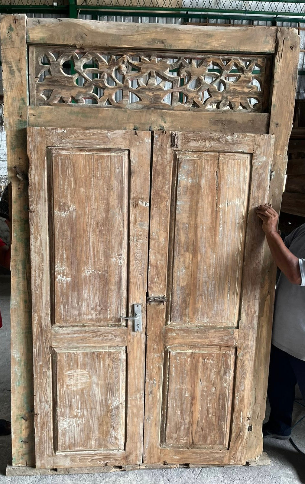 Antique Original  pre used Teak Door natural finish rub back original paint  with carving