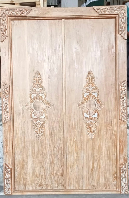 Recycled Teak Balinese Door Carved panels front and back 223cmx150cm natural wash