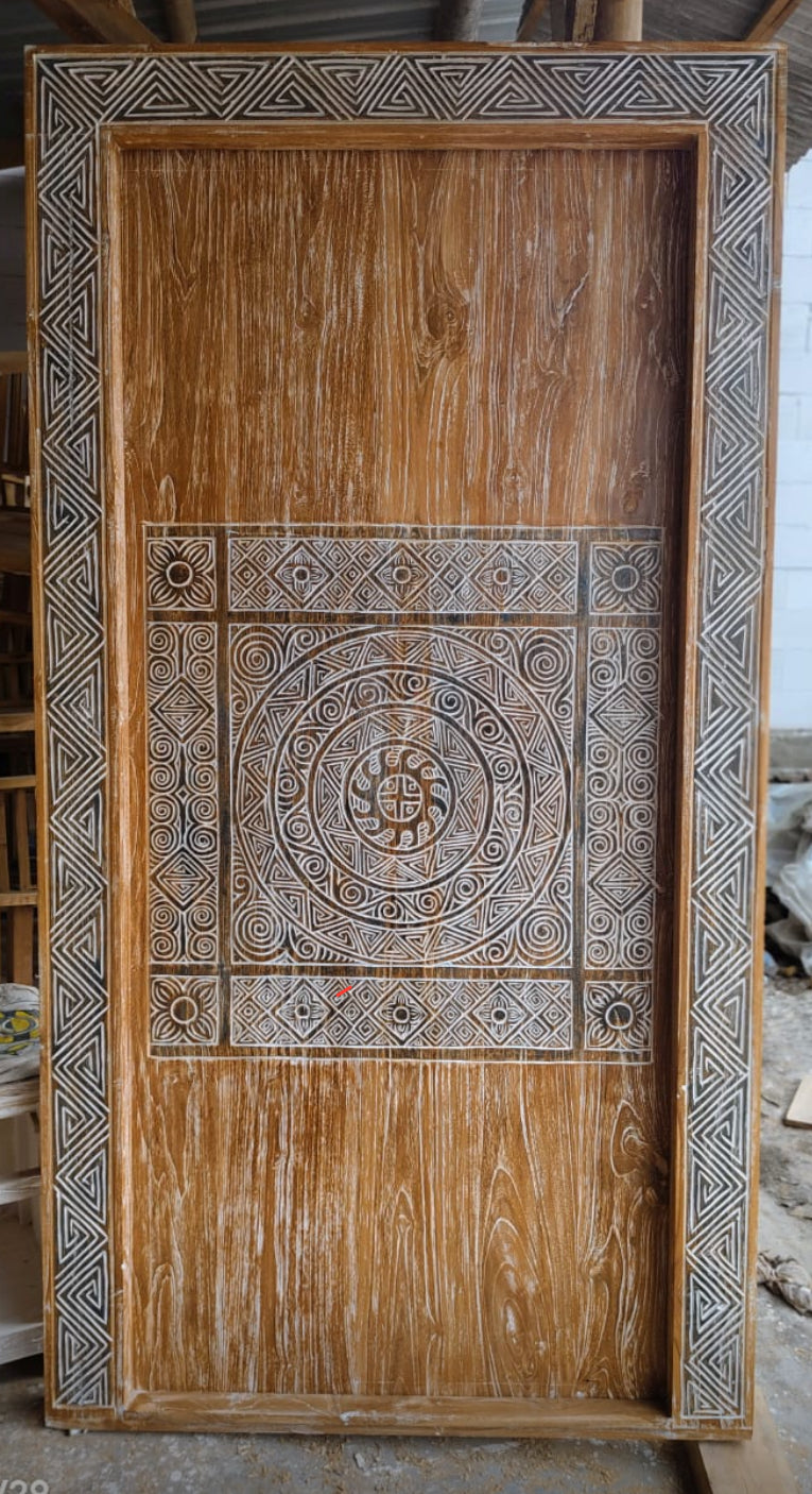 Indonesian Teak carved Timor Geometric design Temple door with  carved frame and Door panels