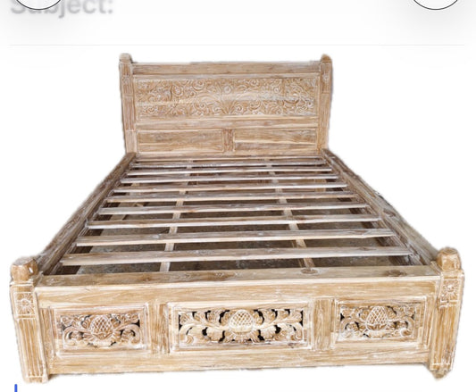 Toyo Queen Teak Bed with Hand Carved Bedhead and  Bedend Panel Creamwash