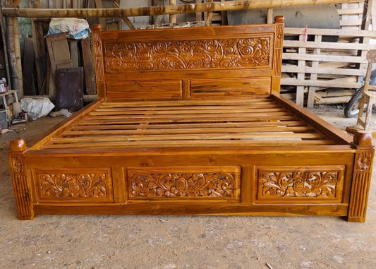 Toyo King Teak Bed with Hand Carved Bedhead and  Bedend Panel  Natural finish