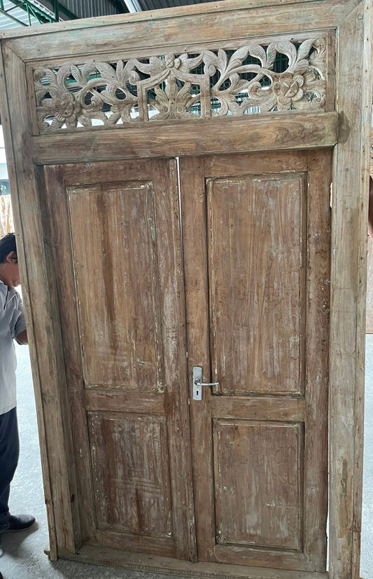 Antique Original  pre used Teak Door natural finish rub back original paint  with carving
