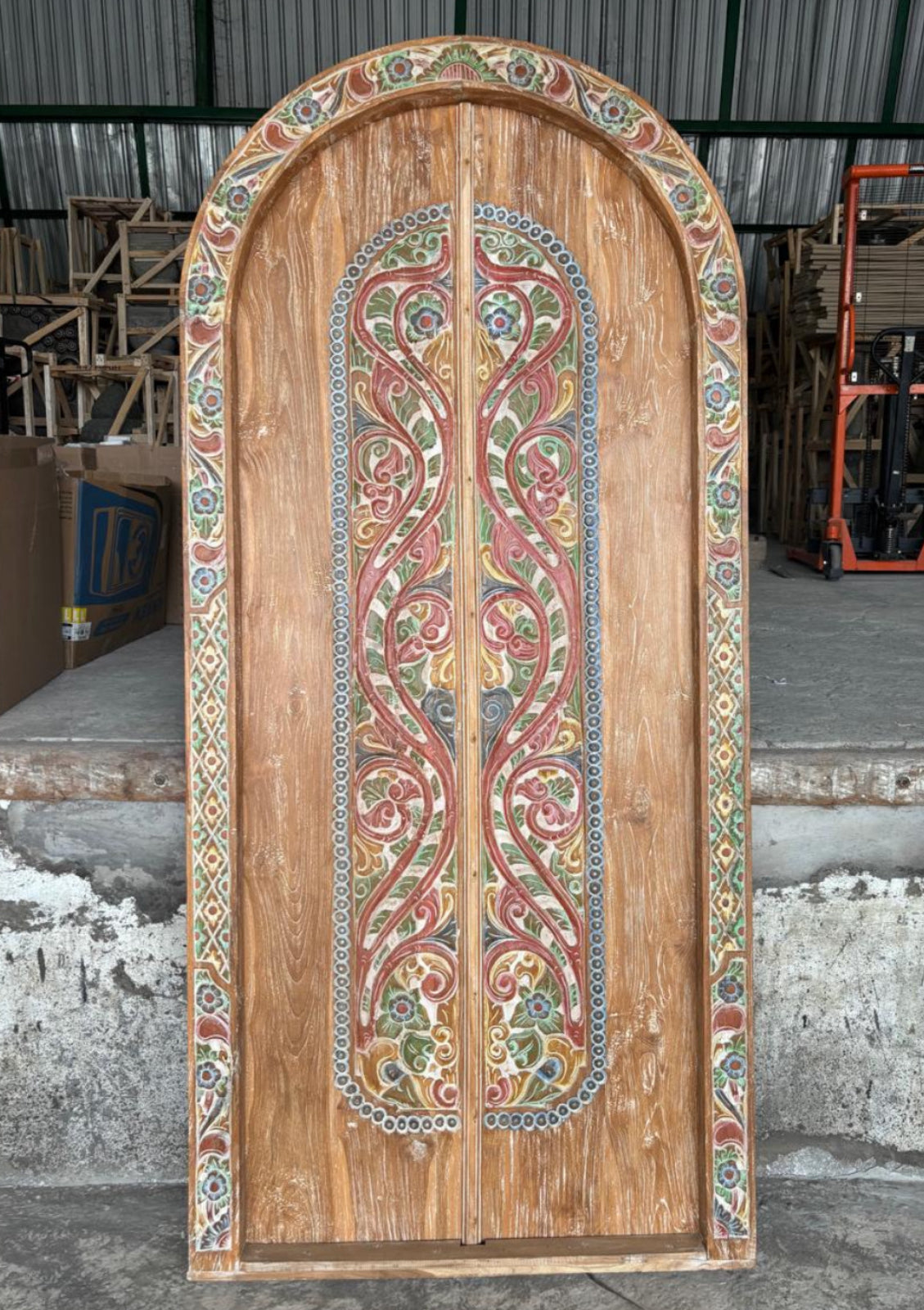 Balinese  Teakwood Arch  Door with hand Carved painted panels and surround