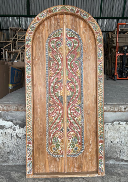 Balinese  Teakwood Arch  Door with hand Carved painted panels and surround