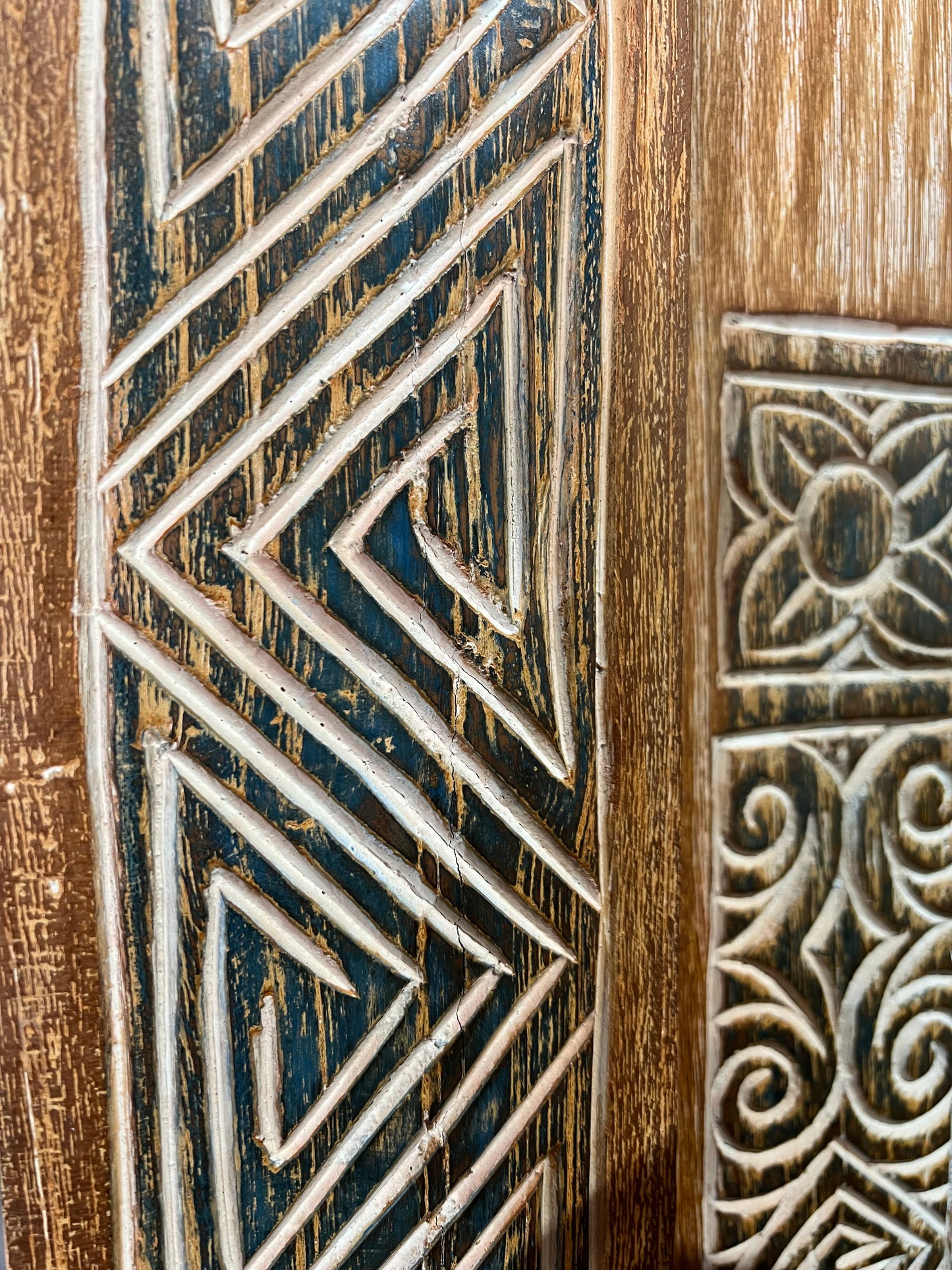 Indonesian Teak carved Timor Geometric design Temple door with  carved frame and Door panels