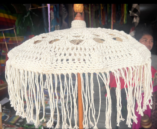 50cm Round Macrame Balinese Table Umbrella with wooden pole and stand