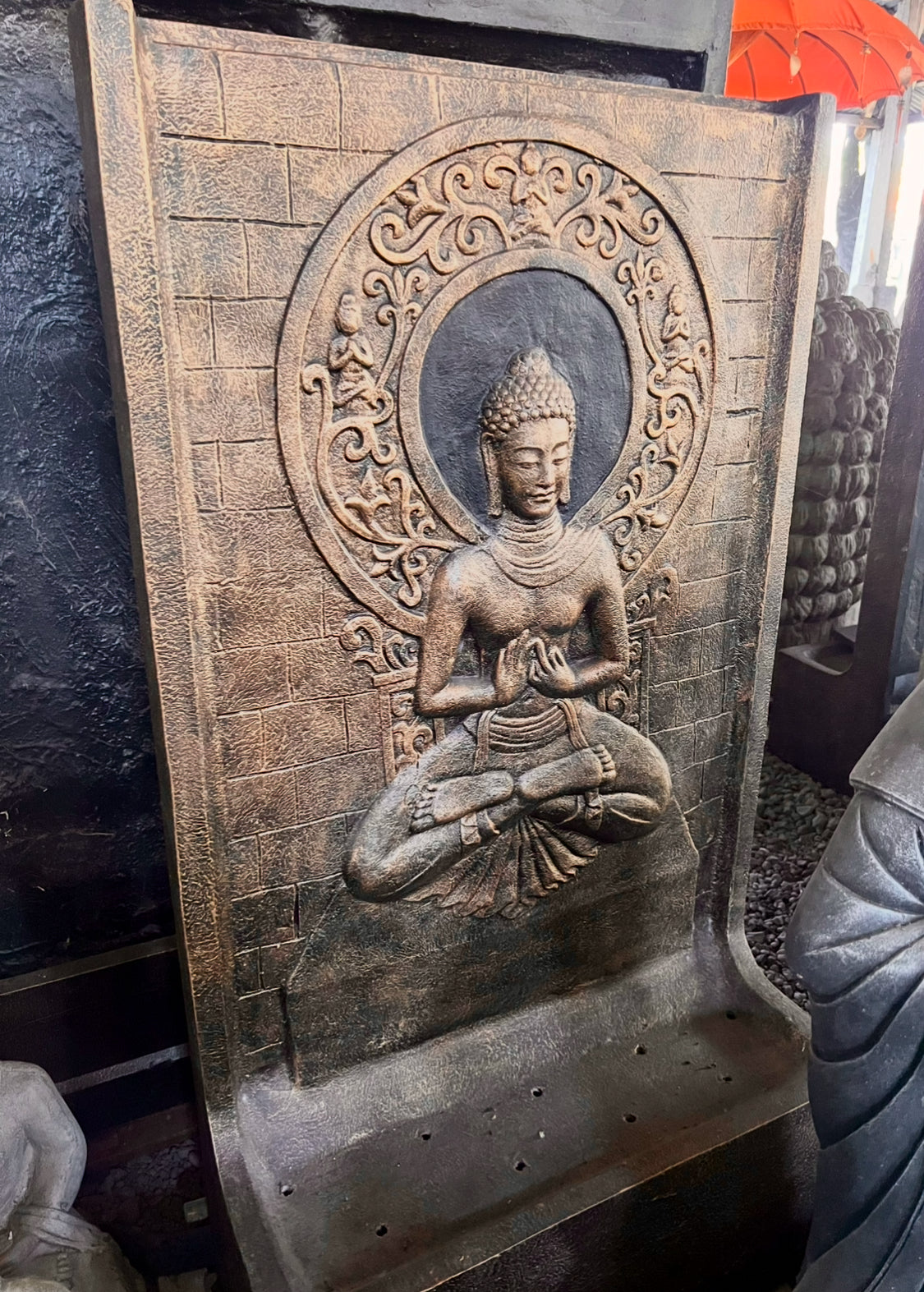 Buddha Meditation  Wall Water feature with base.  GRC  140cm ht