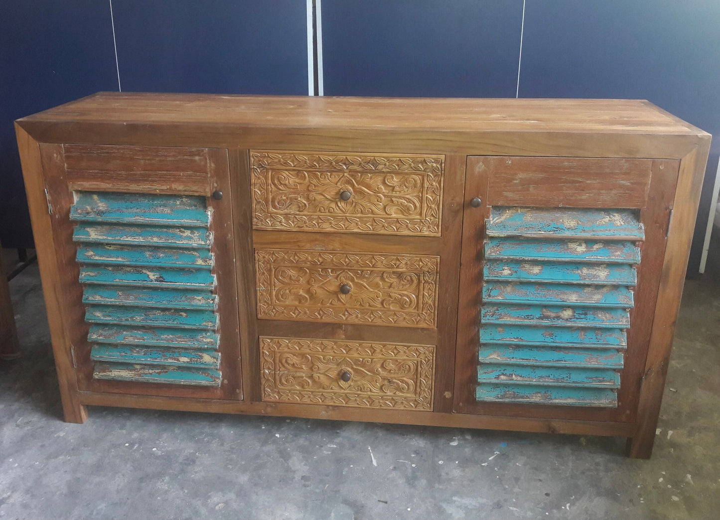 Recycled teak 3 carved drawer 2 Louvre door cabinet