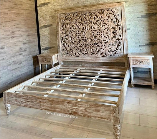 Teak Bed with Hand Carved Bedhead Queen/King (Creamwash)