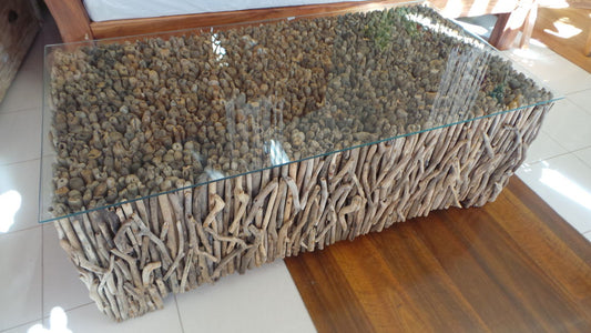 Driftwood and glass coffee table 123cm