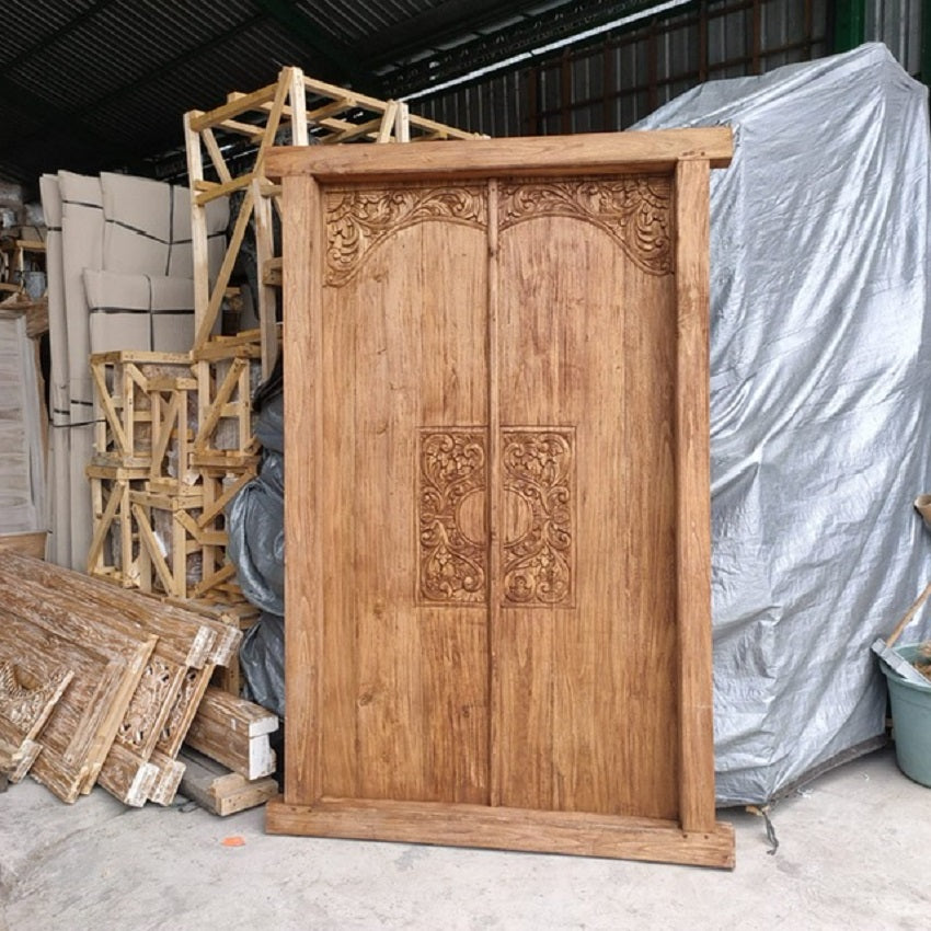Balinese Recycled Teak carved Temple door with frame. coloured carving
