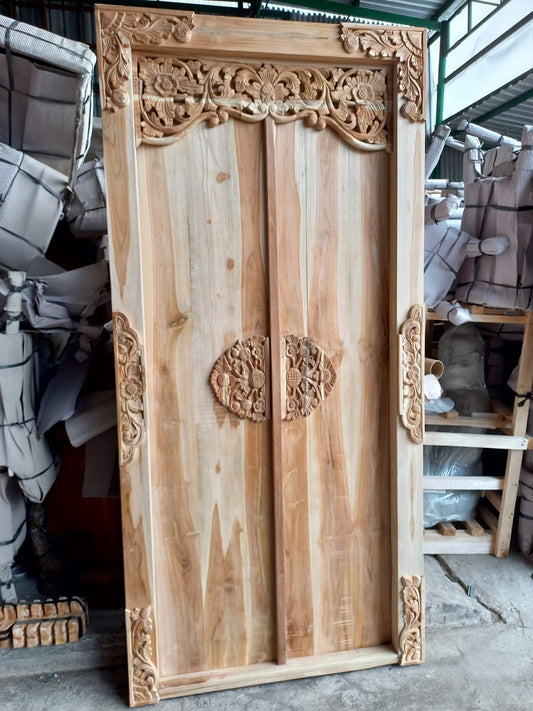 Recycled Teak Door carving back and front with back wood lock Raw wood