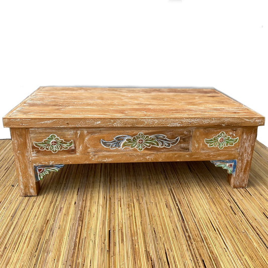Teak Carved coffee Table Natural cream wash colour detail in carving