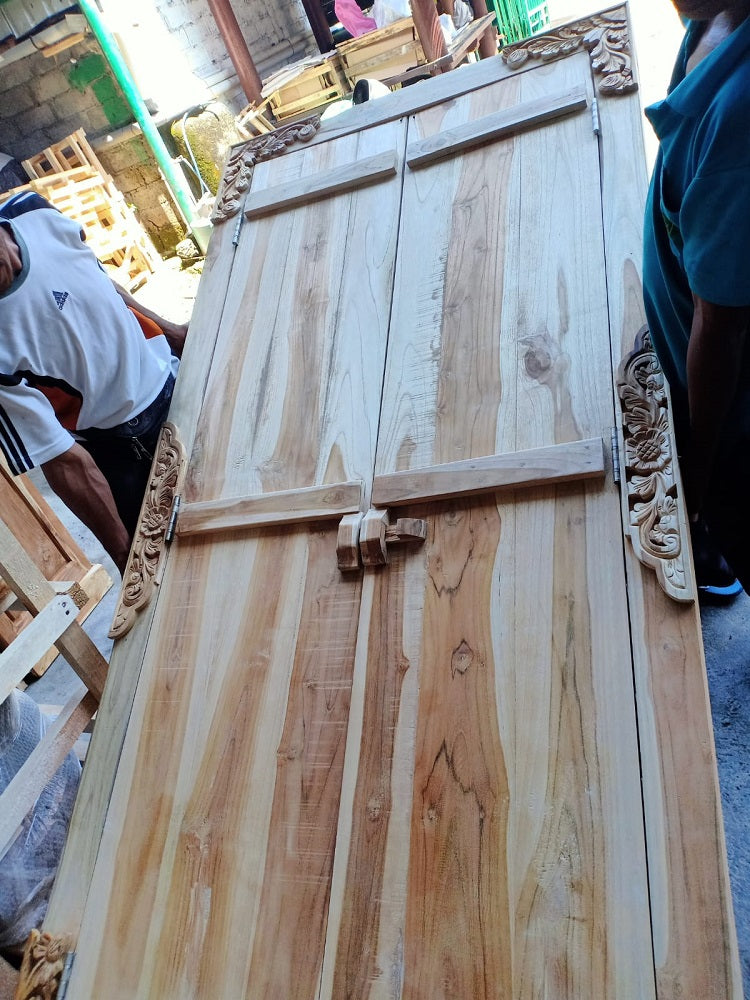 Recycled Teak Door carving back and front with back wood lock Raw wood