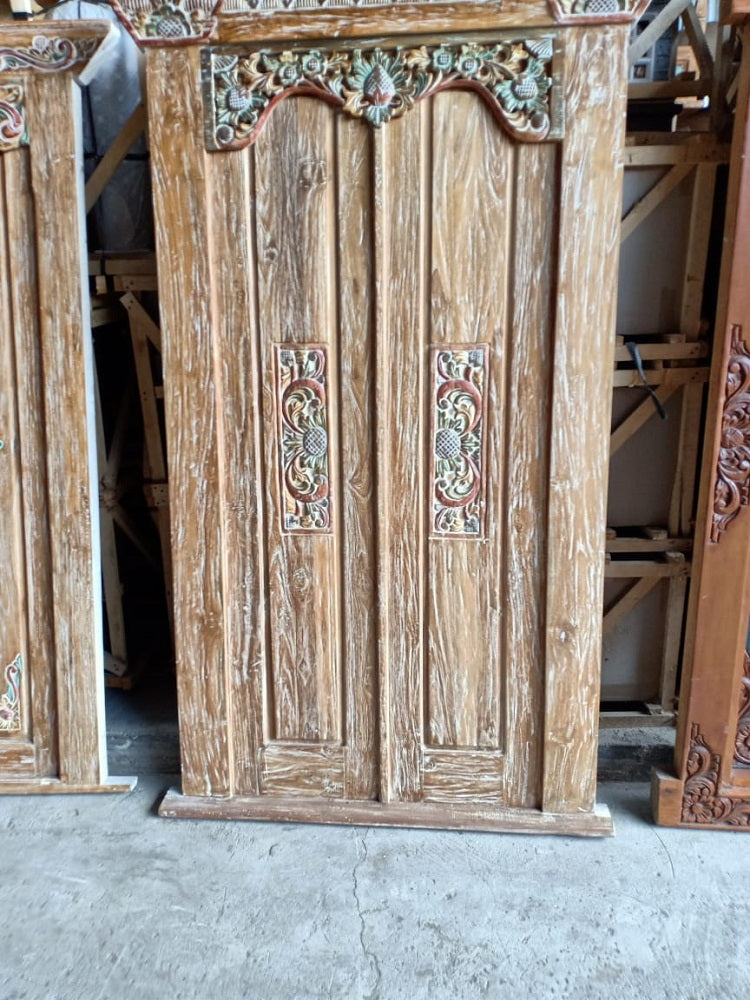 Balinese Recycled Teakwood  Door Natural wash with hand Carved painted panels