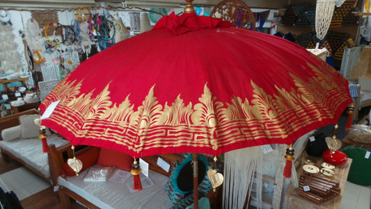 Large 2 mtr round Balinese umbrella printed, Carved wooden 2 pce Pole - Red