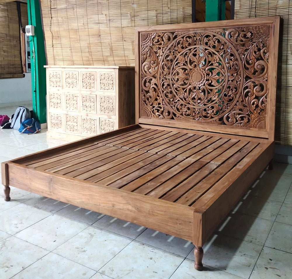 Recycled Teak Queen Bed with hand carved bedhead (Natural)