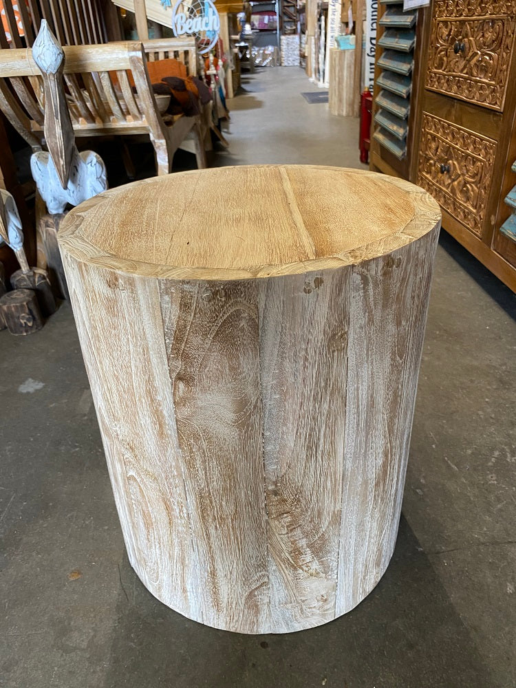Recycled Teak Cylinder stool/side table 40cm(h) x 35cm(dia) Creamwash finish