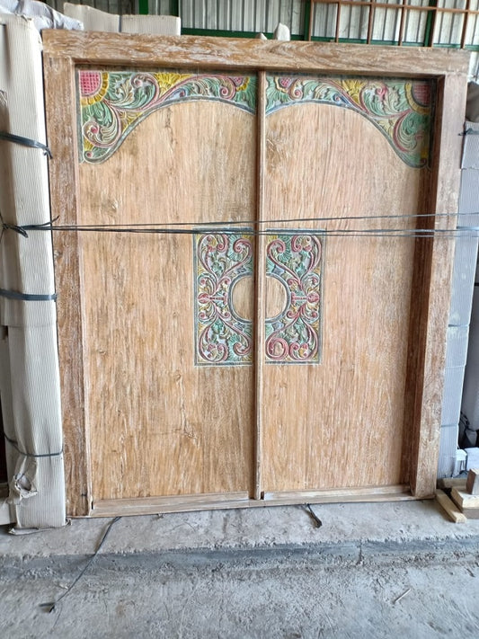 Balinese  Teak carved Temple door with frame,.coloured carving.