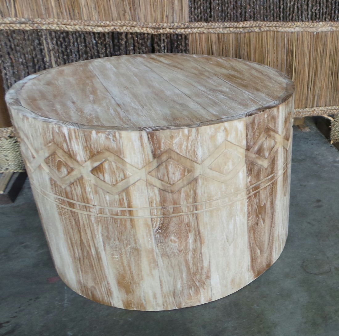 Recycled Teak Cylinder carved side table cream wash 60cm